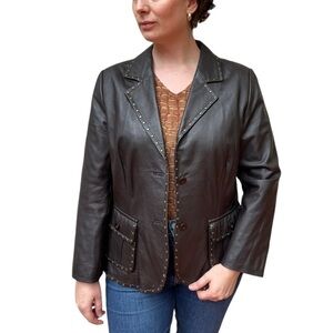 VINTAGE KAREN KANE 90S BROWN STUDDED LEATHER BUTTON DOWN COLLARED BLAZER JACKET